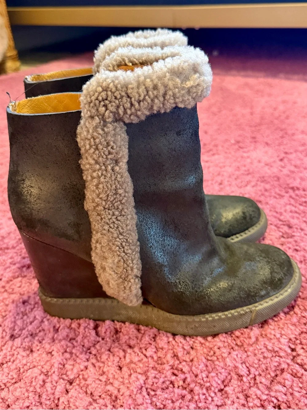 Chloe See By Chloe Black Wedge Ankle Boots with Brown Shearling Trim - US 8